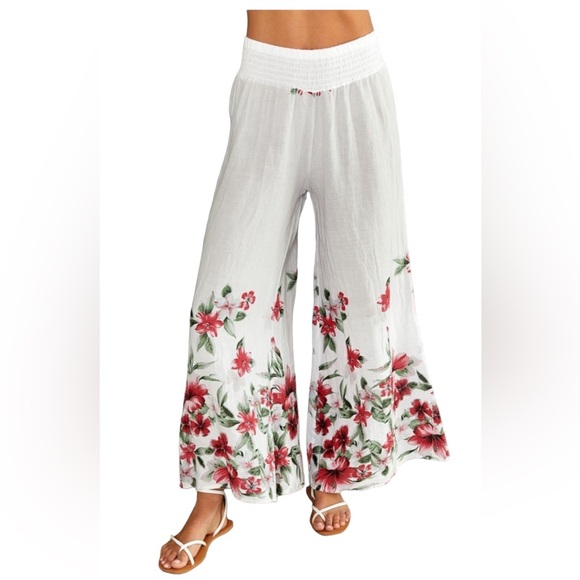 NWOT Venti 6 HAWAIIAN FLORAL PRINT LINEN WIDE LEG PALAZZO Pant - Picture 1 of 4
